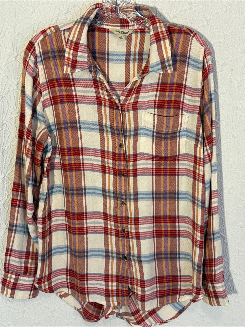 Lucky Brand Cream, Red & Blue Plaid Button-Down Shirt Flannel looking Rayon soft
